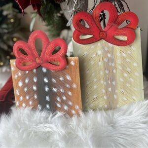 Red and Brown Deer Pattern Packages Metal Decorative Accents with Festive Bows